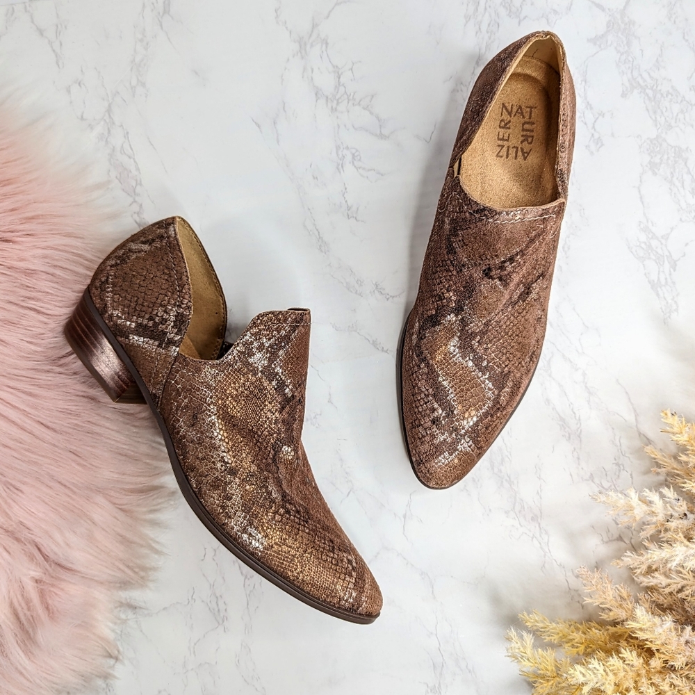 Naturalizer Belinda Brown Metallic Snake Print Leather Slip-on Loafer Heel Sz 8